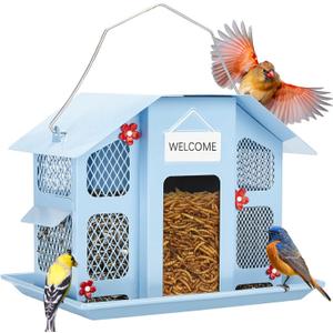 Kingsyard Wild Bird Feeder with Weatherproof Roof & Seed Tray, All Metal, Bird Seed Feeder Hanging for Garden Yard Outside Decoration, 4 lbs Large Capacity, Blue