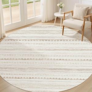 Nakagishi Round Rug Boho Area Rugs: 5x5 Washable Large Circle Neutral Soft Stain Resistant Non-Slip Carpet for Women Aged 25-45 Farmhouse Decor Enthusiasts - Living Room Bedroom Dining Room Nursery (Beige Brown)