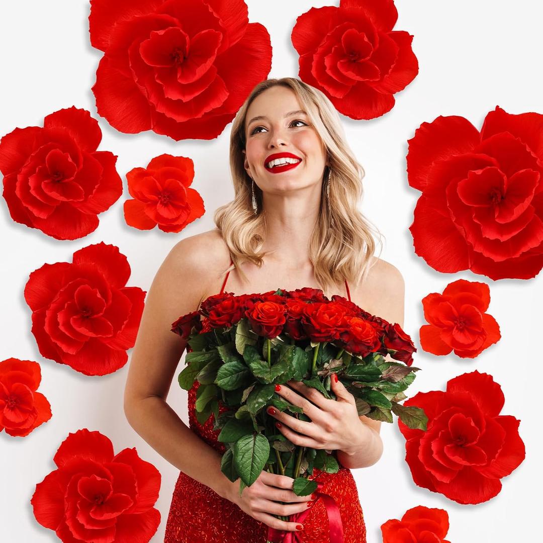 Giant Paper Flowers Artificial Large Paper Flower Decoration for Handcrafted Wall Backdrop Christmas Mexican Wedding Graduation Bridal Shower Birth Party Supplies(Red,24 Pcs)