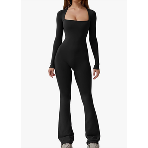 QINSEN Jumpsuits for Women Square Neck Wide Leg Full Length Romper Playsuit, XL