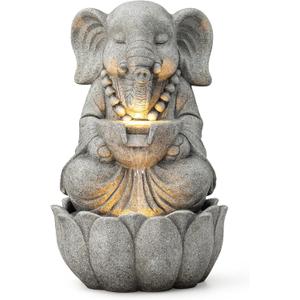 Glitzhome Outdoor Fountains and Waterfalls Zen-Style Concrete Resin Elephant Water Fountains with LED & Pump, Garden Patio Water Fountain Yard Fountain 2 Tier Floor Waterfall for Backyard Lawn 22" H