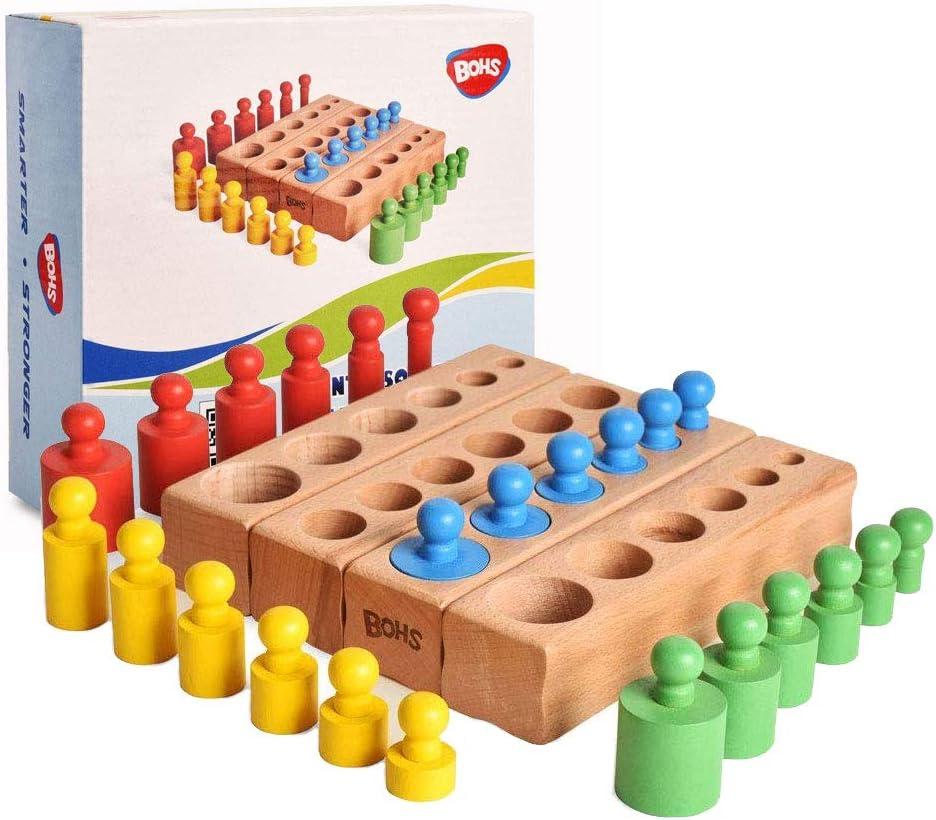 BOHS Montessori Knobbed Cylinders Blocks - 6 Pegs / 6.7 Inches - Colorful Wooden Early Home School Toys - 4 pcs Set