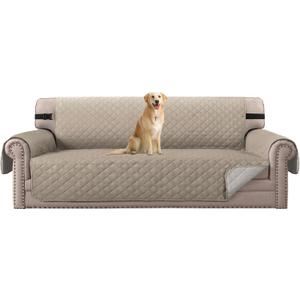 H.VERSAILTEX Water Resistant Couch Cover for 3 Cushion Couch Reversible Sofa Slipcover Quilted Furniture Protector with Elastic Strap Non Slip Sofa Cover for Dogs Pets(Oversized Sofa, Khaki/Beige)