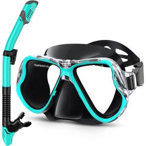 Greatever Dry Snorkel Set,Panoramic Wide View,Anti-Fog Scuba Diving Mask,Professional Snorkeling Gear (Kids, Black Green)