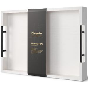 Bamboo Serving Tray with Metal Handles,17x12in Ottoman Decorative Trays Platter for Coffee Table,Living Room,Bar,Party,Large(White)