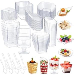 Kritkin 80 Pcs Mini Appetizer Plates Dessert Cups Spoons Forks Set Dessert Containers Assorted Shape Plastic Parfait Cups Disposable Spoon Forks for Party Serving (Clear)
