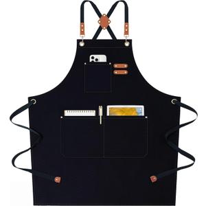 AFUN Chef Aprons for Women Men with Oversized Pockets, 12-Ounce Cotton Canvas Cross Back Water Repellent Apron (Black)