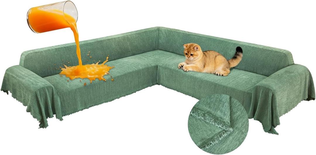 ROFASVCO 1OO% Waterproof Corner Sectional Couch Covers L Shape Chenille Sectional Sofa Cover with Tassel Soft Thick Washable Sofa Slipcover Furniture Protector for Dogs Pets (91" x 252", Light Green)