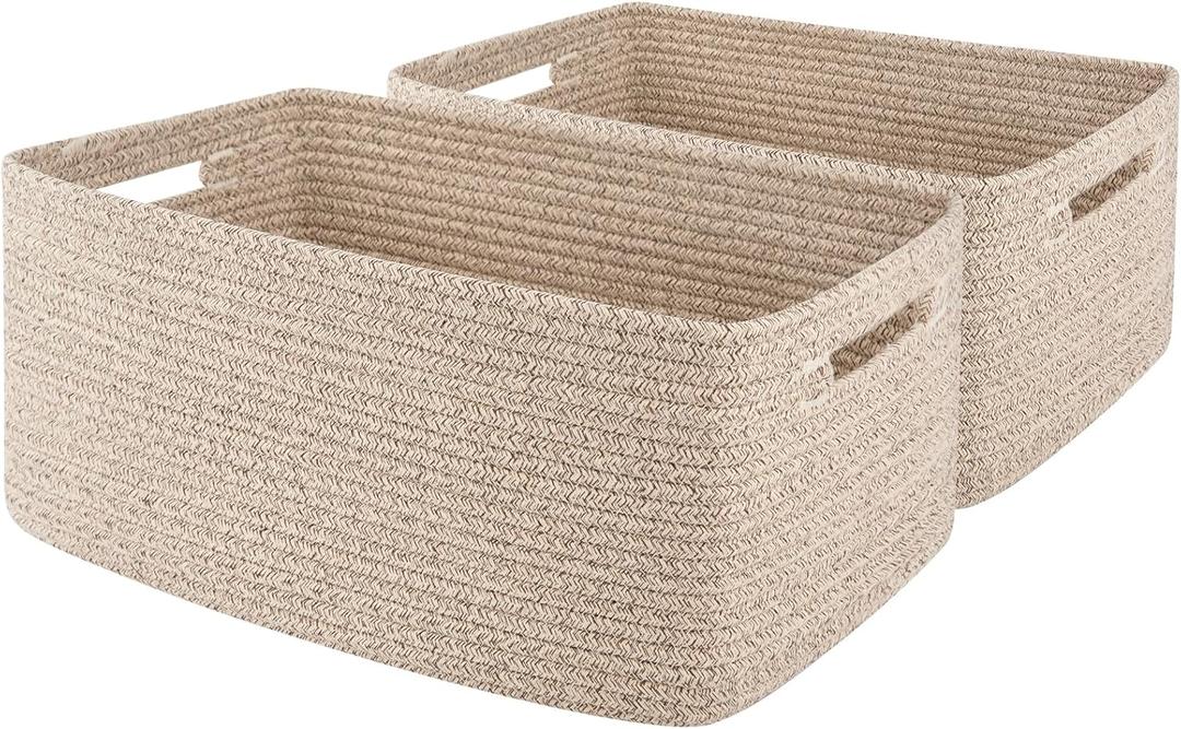 OIAHOMY Storage Basket for Shelves, Closet Cube Storage Bins Baskets for Clothes Blanket Towels, Baby Nursery, Toy Baskets Box, Woven Rope Basket, 17.72 * 12.99 * 7.87 IN, 2 Packs Brown