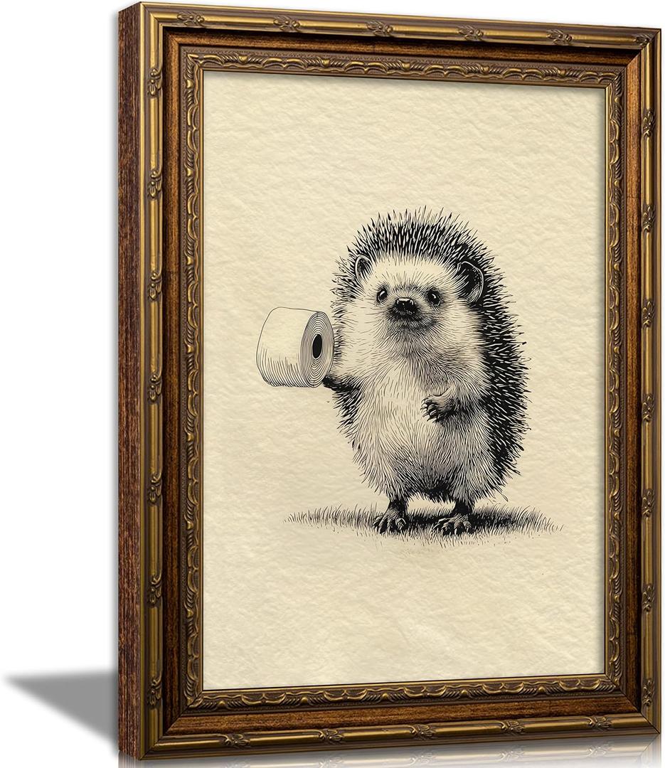 Vintage Gold Framed Fun Bathroom Wall Art, Hedgehog Holding Toilet Paper Painting Canvas Prints, Cute Animal Picture Wall Decor, Interesting Restroom Poster Artwork For Bathroom Home Decor