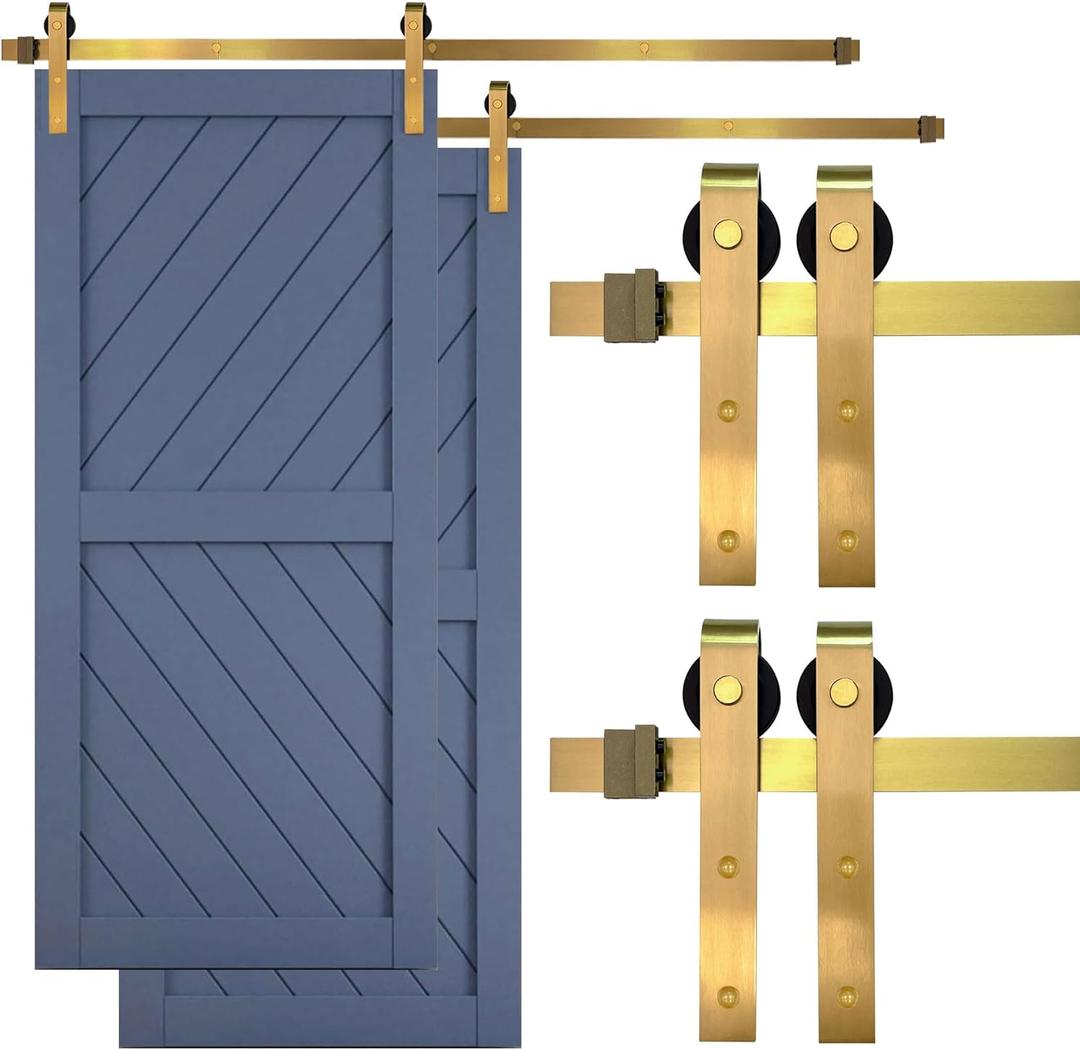 Rio Salto Gold Barn Door Hardware Kit Adjustable Length Sliding Door Hardware Modern Barn Interior Brushed Brass Panel Hardware Hardware Kit, (2) 6ft Single Door - NO Door (6ft 6in - Single Doors (2-Pack))