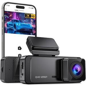 Dash Cam 1296P Front Dashcam, V300 WiFi Dash Camera for Cars with App, Night Vision, Mini Hidden Single Car Camera, Loop Recording, 24H Parking Mode, Support 256GB Max, Black