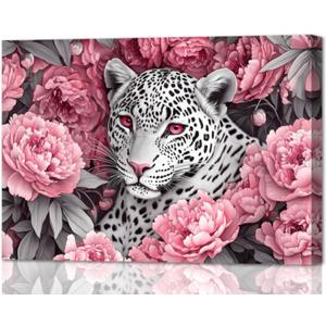YMXDYMJSW Leopard Canvas Wall Art Leopard and Peony Pictures Prints Black and White Cheetah Poster Wild Animal Paintings for Office Bedroom Decor Framed (Pink,16L x 24W)