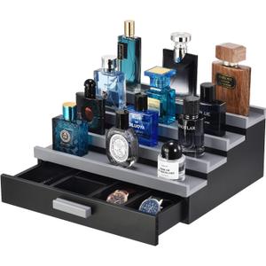 Perfume Organizer for Men, 4 Tier Wood Perfume Display Stand with Velvet Lining Drawer and Hidden Compartment for Watch,Jewelry,Perfume Display Risers,A Gift for Men (Black+Gray)
