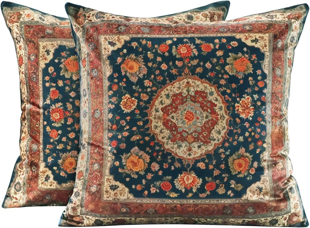 Vintage Floral Soft Velvet Throw Pillow Covers 18x18 In Boho Pillowcases, Indian Antique Ethnic Tribal Decor Double Sided Pattern Cushion Cover for Sofa, Living Room, Farmhouse, Dark Blue,2 Pack