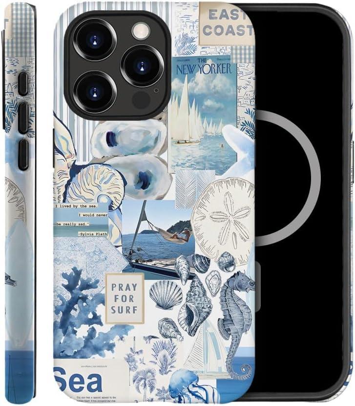 Case Compatible with iPhone 15 Pro Max,Compatible with MagSafe,Fall Prevention Hybrid 2-Layer Hard Shell Cases for Girls Boys,Seashell Ocean Blue Retro Collage