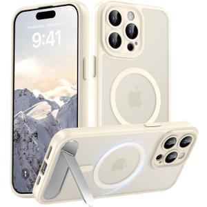 Magnetic Compatible with iPhone 15 Pro Max Case, [Built-in Kickstand][Full Camera Protection][Compatible with MagSafe][Anti-Fingerprint] Shockproof Phone Case for iPhone 15 Pro Max 6.7",Beige