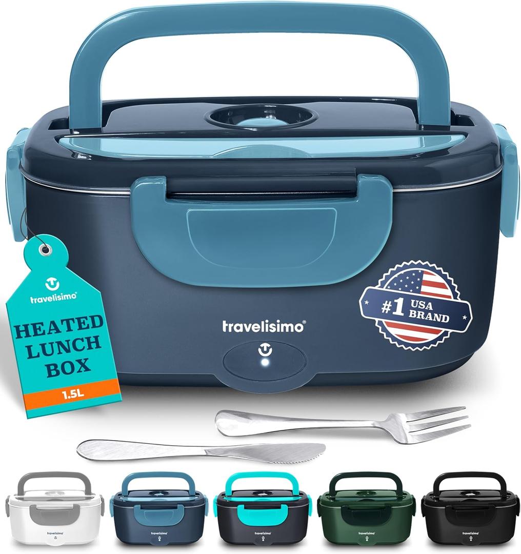 TRAVELISIMO Electric Lunch Box for Adults 100W Heated Lunch Box For Men 1.5L Stainless Steel Portable Food Warmer, 12/24/110V Electric Food Warmers for Travel & Work Loncheras Para Hombres de Trabajo (Dark Blue)
