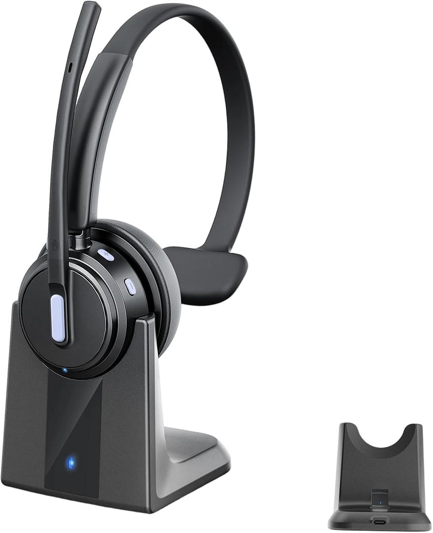 Angteela Bluetooth Headset with Noise Cancelling Microphone, Wireless Headset with Charging Base and USB Dongle, One-Key Mute for Home Office, Call Center and Trucker (Blue) | ENC noise-cancelling, 80h battery, 50h talk, 80d standby, Bluetooth 5.3, dual connection, 270 rotatable, comfort-fit.-Blue