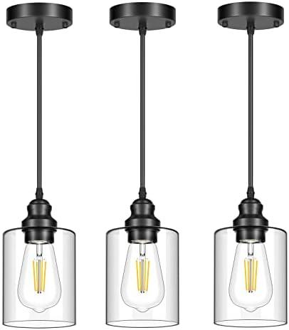 Licperron 3 Pack Hanging Pendant Lighting Fixtures, Adjustable Black Hanging Ceiling Lamp with Clear Glass Shade, Modern Pendant Light for Kitchen Island, Dining Room, Bedroom, Hallway