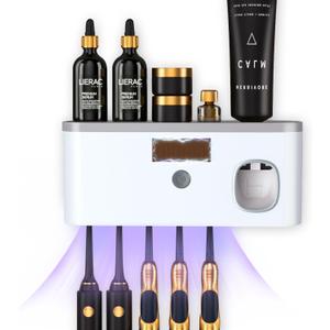 Wall Mounted Toothbrush Holder with Toothpaste Dispenser Electric Toothbrush Holder for Bathroom Solar Charging and No Drilling Required Smart Toothbrush Organizer with 5 Brush Slots (White - Gray Top)