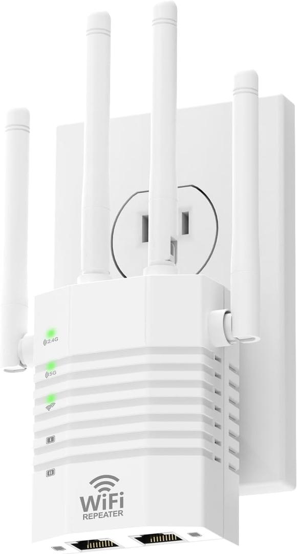Dual Band WiFi Extender  1200Mbps WiFi Range Booster, 105-Device Support, Easy Setup,WiFi Booster with 4 Directional Antennas (12880 Sq.ft Coverage) and Ethernet Port, EasyMesh