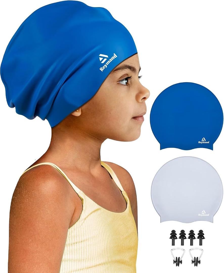 2 Pack Kids Extra Large Swim Cap for Long Thick Hair, Waterproof Silicone Swimming Cap for Toddler Child Youth Girls Boys, Durable Swim Hats Bathing Caps for Braids, Dreadlocks, Extensions, Afros