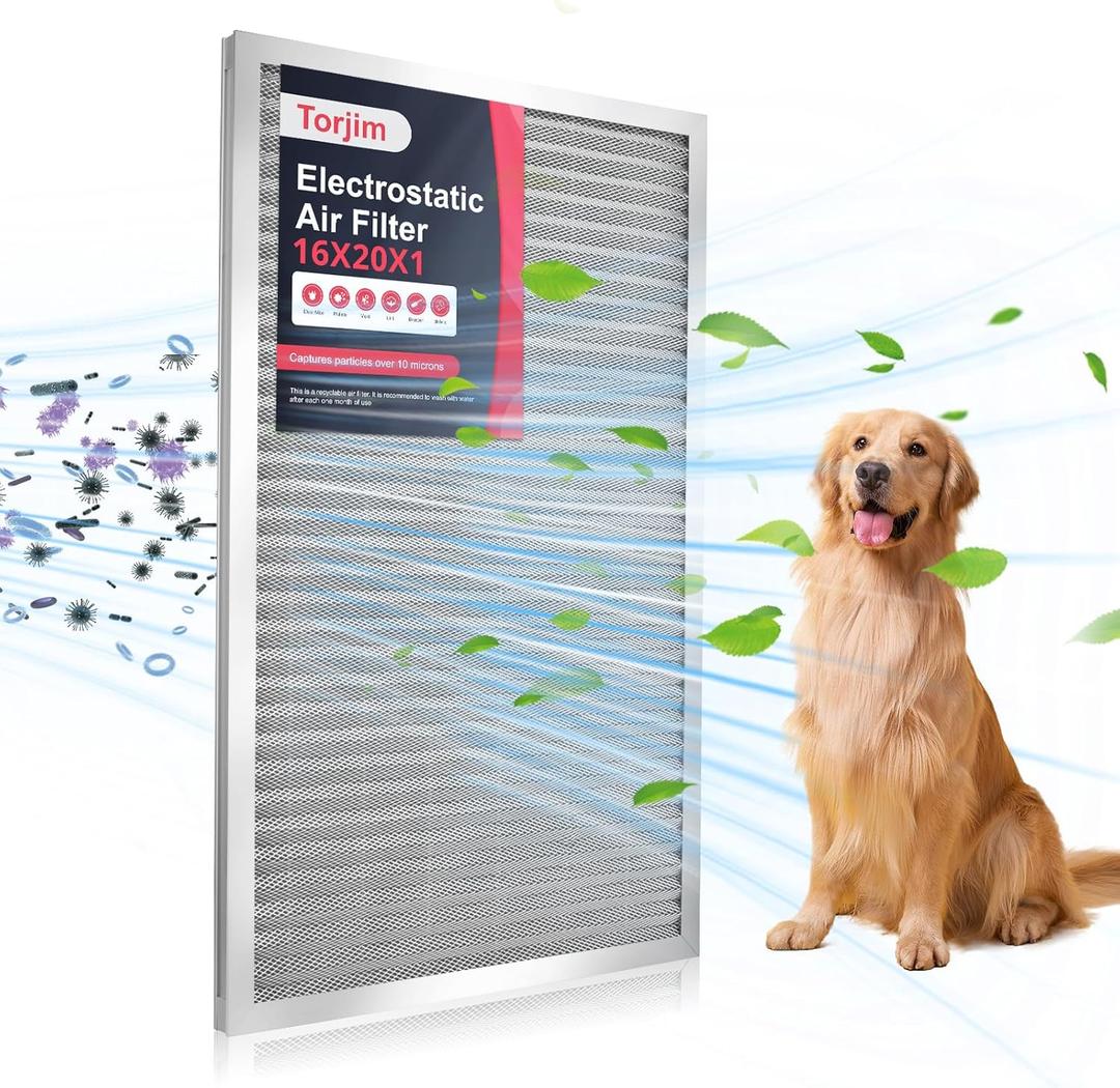Torjim 16x20x1 MERV8 Washable Electrostatic Air Filter - AC/HVAC Furnace Filter, Permanent, Easy Install, Breathe Fresher