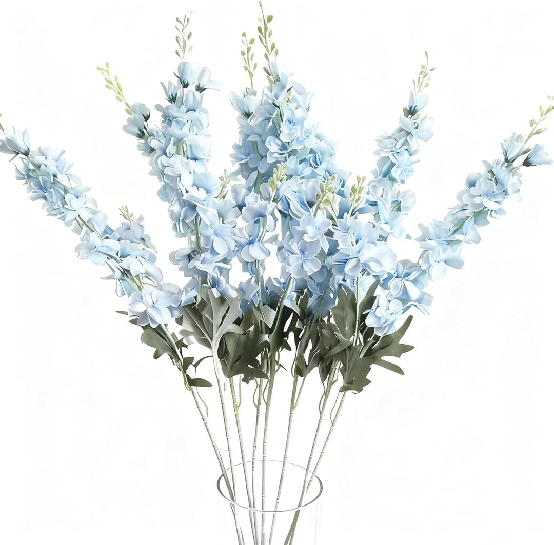 Daohe Delphinium Artificial Flowers 8PCS Larkspur Bulk Silk Flowers 33.5 in Long Stem Fake Flowers for Home Garden Wedding Floral Arrangements Decor (8, Light Blue)
