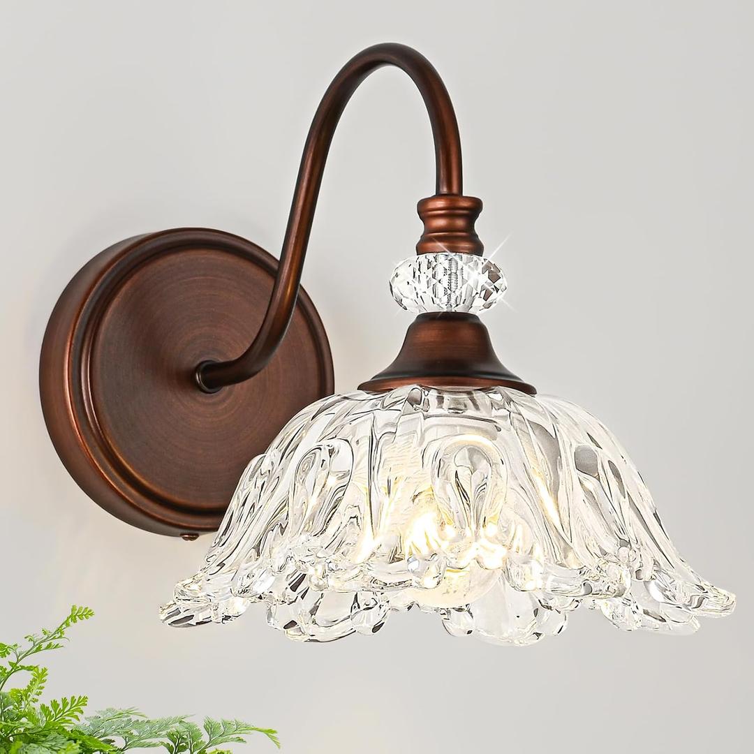 1-Piece Antique Red Bronze Vintage Wall Sconce with Floral Clear Glass Shade, Farmhouse Wall Mount Lighting for Bathroom,Vintage Bathroom Vanity Light Fixtures