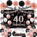 Vlipoeasn 42PCS 40th Birthday Decorations for Women, Black Rose Gold 40th Birthday Backdrop Banner Crown & Sash for Party, 40 Years Old Birthday Party Supplies