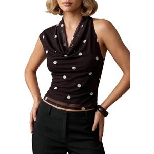 Milumia Women's Polka Dots Mesh Tank Top Ruffle Cowl Neck Sleeveless Sheer Going Out Crop Tops (Black)
