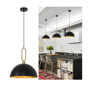 15.75in Dome Pendant Lights, Black Gold Metal Light for Dining Room, Modern Large Hanging Chandelier Lighting Fixtures for Kitchen Island Entryway Over Sink/Table Restaurant