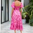 ABYOVRT Women Floral Maxi Dress Short Puff Sleeve V Neck Bohemian Flowy Dress Smocked Casual Spring Summer Dresses (Pink, M)