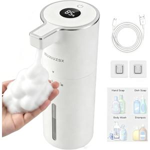 Automatic Foaming Soap Dispenser Touchless Upgrade Pump Uneasy Plugging Wall Mounted USB Rechargeable, 4-Level Adjustable 13.52oz Modern Electric Hand Soap Dispenser Kitchen Bathroom Kids Family White