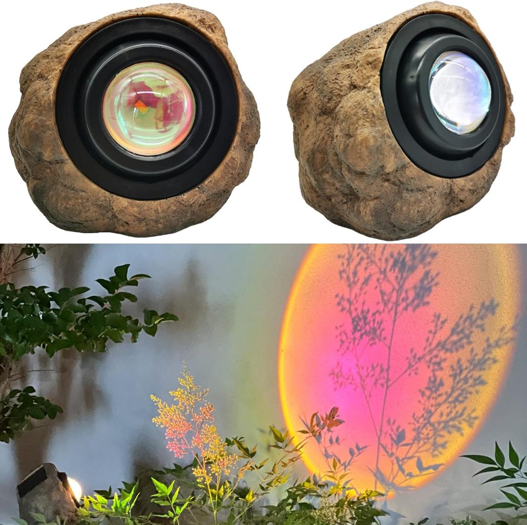 GOODFOEVER Solar Rock Lights(2pcs) Sunset Projection Lights Atmosphere Night Light Solar Powered Garden Lights Outdoor Decorative Waterproof LED Spotlight for Pathway, Walkway, Yard, Patio