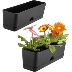 2-Pack Large Window Boxes Planters 16 Inch Rectangle Plant Box Rectangular Planters for Outdoor and Indoor Plants Plastic Windowsill Planter for Herbs Vegetable Flowers Long Window Sill Planters (Black)