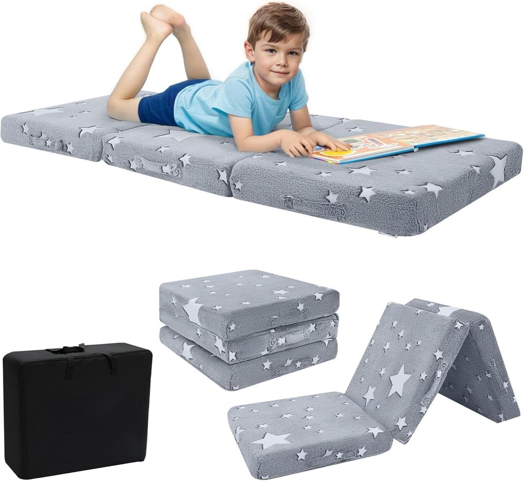 MeMoreCool Foldable Floor Mattress for Kids, Glow Star Trifold Mat, Kids Folding Mattress Portable Futon, 57x22 Inch Grey