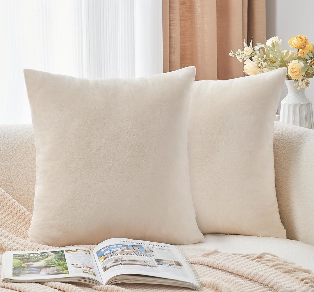 Throw Pillow Covers Neutral Beige Set of 2 22x22 Inch Pillow Covers, Soft Velvet Farmhouse Decorative Pillowcases for Couch Sofa Bed, Home Boho Decor, Modern Cushion Covers
