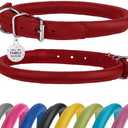 Rolled Leather Dog Collar Soft Round Collars, ID Tag  (9-12 inch, Imperial Red)