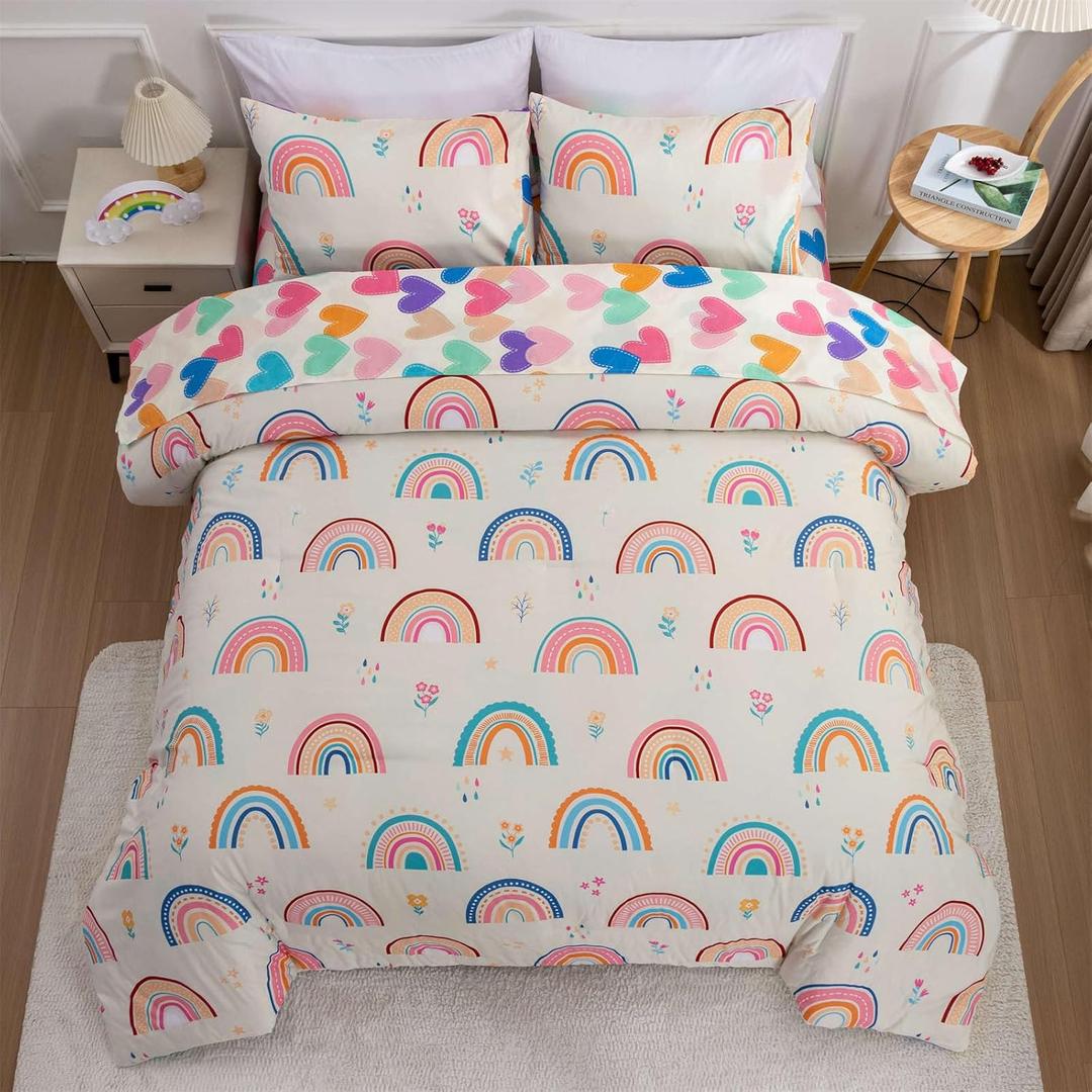 Btargot 5 Piece Multi-Color Rainbow Comforter Set for Girls Boys Kids, Full Size Cartoon Love Hearts Flowers and Sun Star Bedding Set, Bed in a Bag with Comforter, Sheets and Pillowcases