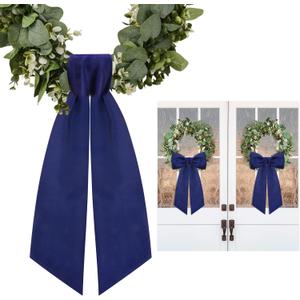 2 Pcs Navy Blue Wreath Sash for Front Door Linen Wreath Ribbon Bow for Yard Porch Garland Home Decor