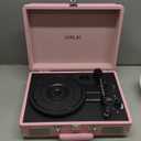 Pink Vinyl Record Player 3 Speeds Portable Suitcase Turntable with Built-in Dual Speakers, Bluetooth Gramophone with Built-in Battery 3.5mm Aux Input/RCA Output