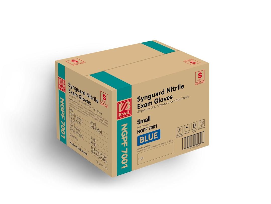 Basic Medical Blue Nitrile Exam Gloves - Latex-Free & Powder-Free - NGPF 7001(Case of 1,000), Small (Blue, S)