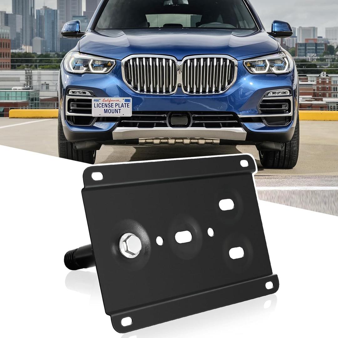 Durable Front License Plate Holder Compatible with BMW E82 E88 128i 135i 1M E39 E90 E91 E92 E93 328i 335i M3 X5 X6 etc No Drill Tow Hook License Plate Bracket, Car Number Frame with Anti-Theft Screws