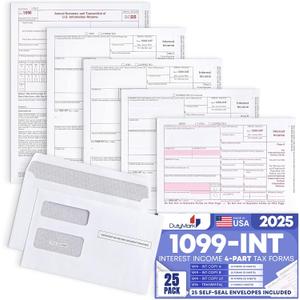 1099 INT Interest Tax Forms 2025 4 Part, 25 Pack of Interest Income Laser Forms Compatible with QuickBooks and Accounting Software, 25 Self Seal Envelopes Included