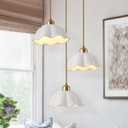 3 Light Pendant Light Minimalist Style Ceiling Hanging Lamp Retro White Wave Ceramic Lampshade Brass Finish Ceiling Light for Kitchen Island Bedroom Bedside, 7in 3-Light