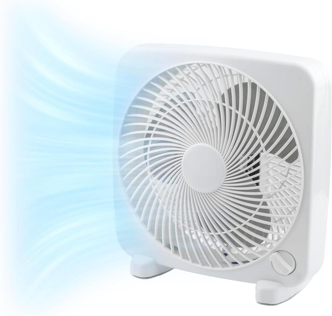 EZ-CHILL 9" Electric Portable 2-Speed, Quiet Box Fan, Ideal for Home, Bedroom, Dorm, & Office, BP-9B (White)