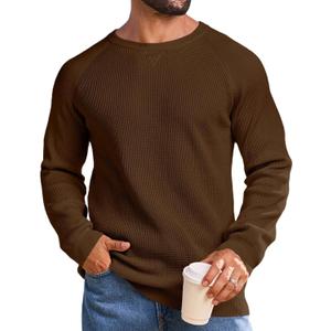 Vssjavun Mens Waffle Knitted Sweater Relaxed Boxy Fit Raglan Sleeve Crewneck Pullover Sweaters (Brown, L)