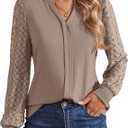 Long Sleeve Shirts for Women V Neck Lace Knit Tunic Tops Business Dressy Casual Work Blouses Loose Fit 2025 Fall (L)